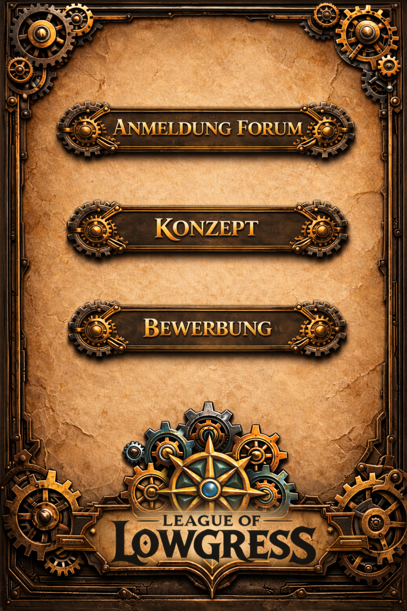League of Lowgress Startseite mit drei Buttons